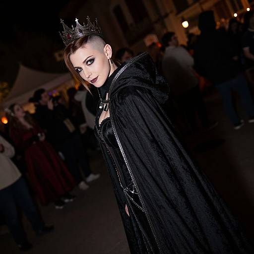 Photograph of a pale-skinned, androgynous person with a shaved side, wearing a black velvet cape, crown, and dark makeup,
