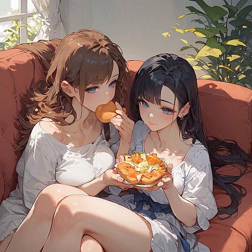 Anime Two Girls Sitting on Couch