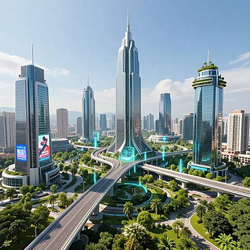 CGI image of a futuristic cityscape with towering skyscrapers, glowing neon lights, green highways, and lush greenery under a clear blue sky