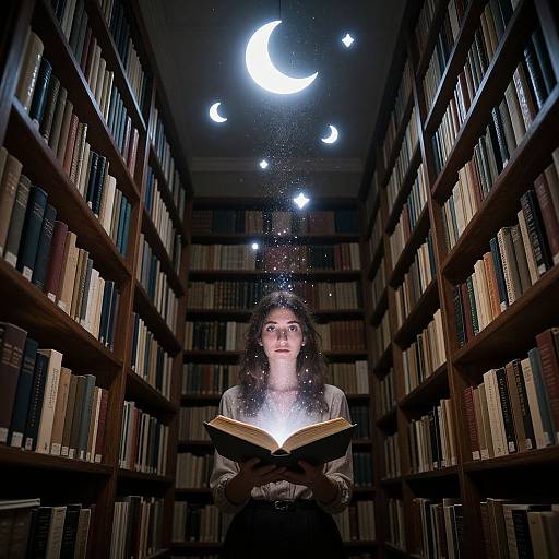 Photograph of a young woman with long dark hair reading a glowing book in a library, surrounded by crescent moons and sparkling stars.