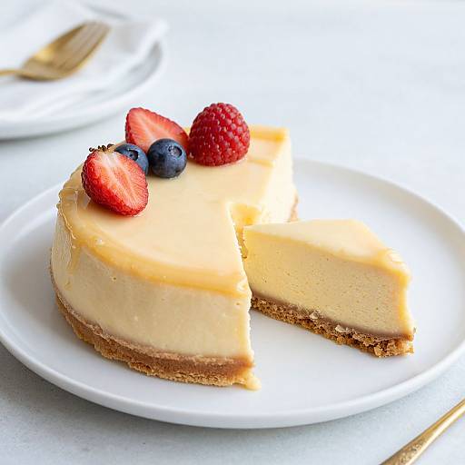 Photograph of a slice of creamy cheesecake with a graham cracker crust, topped with strawberries, blueberries, and raspberries, on a