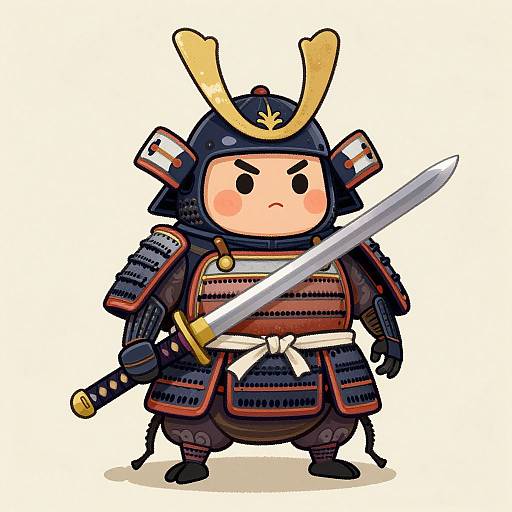 Chibi-style drawing of a determined samurai with a large helmet, red armor, and a sheathed katana, standing against a white background.