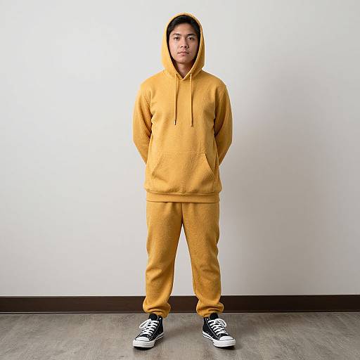 Photograph of an Asian man standing against a white wall, wearing a yellow hoodie, matching pants, and black-and-white sneakers.