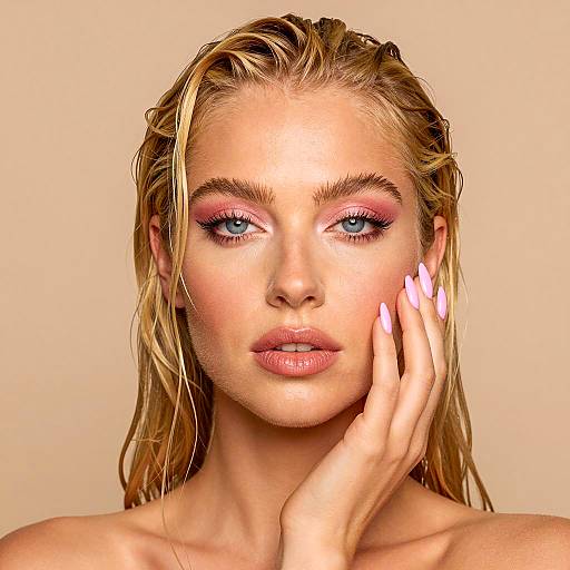 Blonde Woman with Wet Hair and Pink Makeup