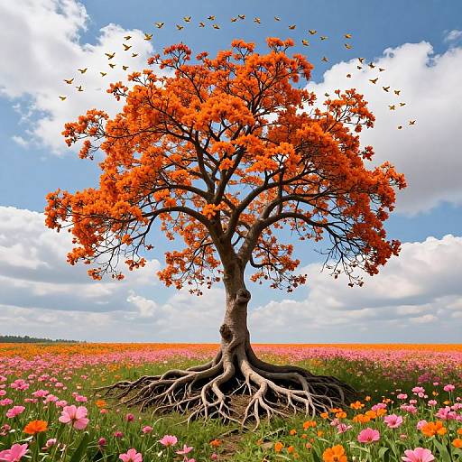 Inverted Tree with Blossoms and Birds
