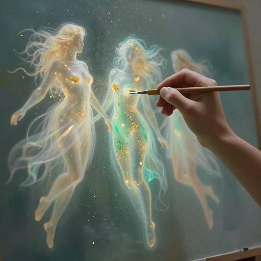 Photograph of a hand using a paintbrush to add glowing sparkles to ethereal, translucent, floating female figures on a canvas.