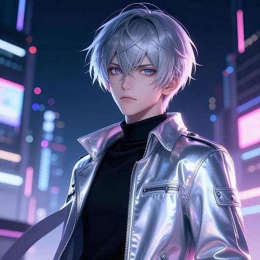 Digital anime-style portrait of a silver-haired young man with blue eyes, wearing a shiny silver jacket over a black turtleneck, set against a neon
