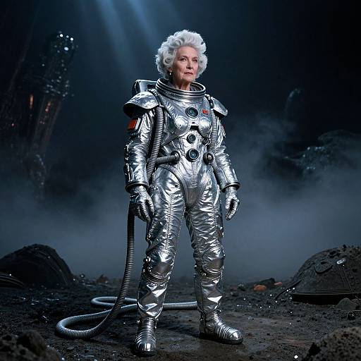 Photograph of an elderly woman in a shiny silver space suit with white curly hair, standing on a dark, rocky, foggy alien landscape under blue