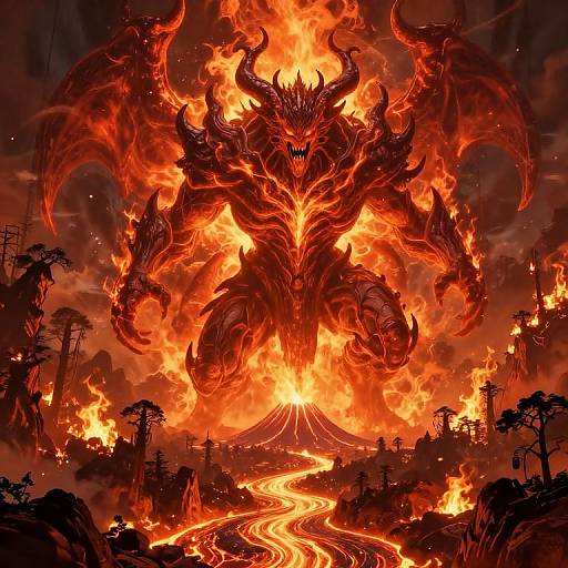Digital artwork of a massive, fiery, multi-headed demon with glowing red eyes and massive horns, emerging from a blazing lava landscape.