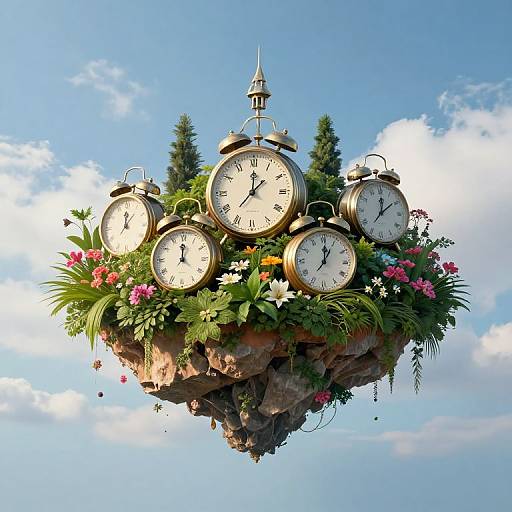 Photograph of a floating rock garden adorned with seven vintage clocks, surrounded by vibrant flowers and greenery, against a blue sky with white clouds.