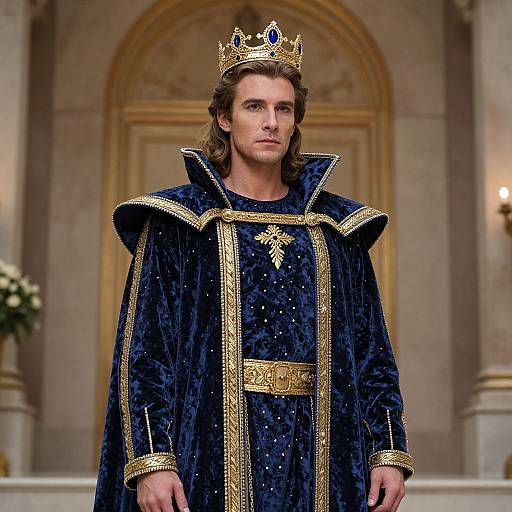 Photograph of a tall, white man with long brown hair, wearing a gold crown and elaborate navy blue velvet royal robe with gold trim, standing in