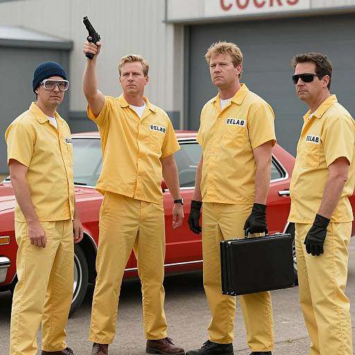Four Men in Yellow Prison Uniforms with Gun and Briefcase