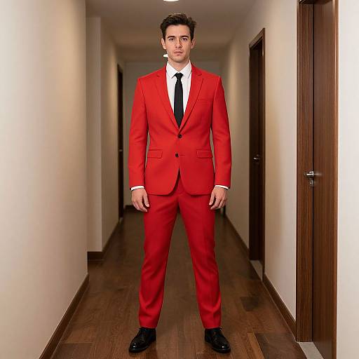Photograph of a young man with short dark hair, wearing a bright red suit, white shirt, black tie, and black shoes, standing in a