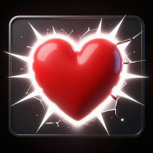 Digital illustration of a shiny red heart with glowing white cracks radiating from its center against a black background.
