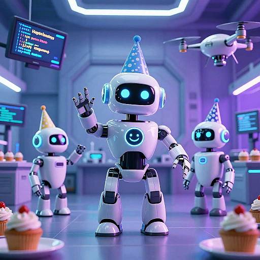 CGI image of four white, glowing blue-eyed, party-hat-wearing robots in a futuristic lab with cupcakes, a drone, and screens.