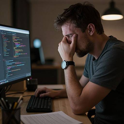 Photograph of a bearded, dark-haired man in a gray t-shirt, rubbing his tired eye while working on coding software at a desk.