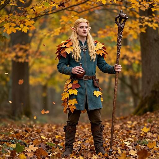 Photograph of a blonde, elf-like character with pointed ears, wearing a blue cloak adorned with autumn leaves, holding a twisted staff, standing in a