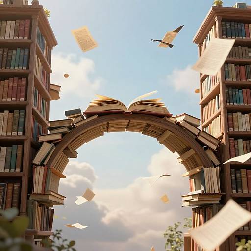 Photograph-like digital artwork of open book archway between two tall, book-filled library buildings with flying papers and a bird against a blue sky with clouds
