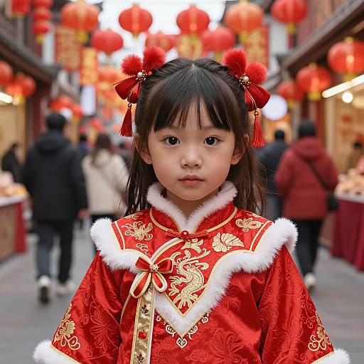 Photograph of an Asian young girl with black hair in red Chinese New Year outfit with white fur trim, red pom-pom hairpins, standing in