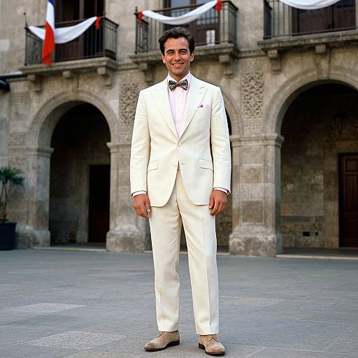 Photograph of a smiling man in a white suit, black bow tie, and beige shoes, standing in front of a historic stone building with arched