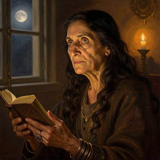 Photograph of an elderly woman with long black hair, wearing a dark robe, reading by candlelight in a dimly lit room, moon visible through