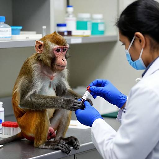 Photograph of a scientist in a white lab coat and blue gloves administering a red-topped syringe to a brown and white monkey in a laboratory setting