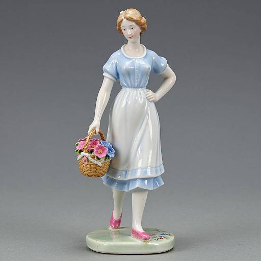 Photograph of a porcelain figurine of a red-haired woman in a blue and white dress, holding a flower basket, standing on a green base.