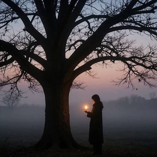 Silhouetted woman holding lit candle under large, leafless tree at twilight, misty background, soft pink and blue sky. Moody, serene