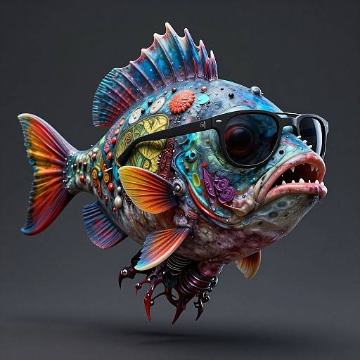 Colorful, surreal fish sculpture with metallic textures, vibrant patterns, sharp fins, and large black sunglasses, floating against a dark gradient background.