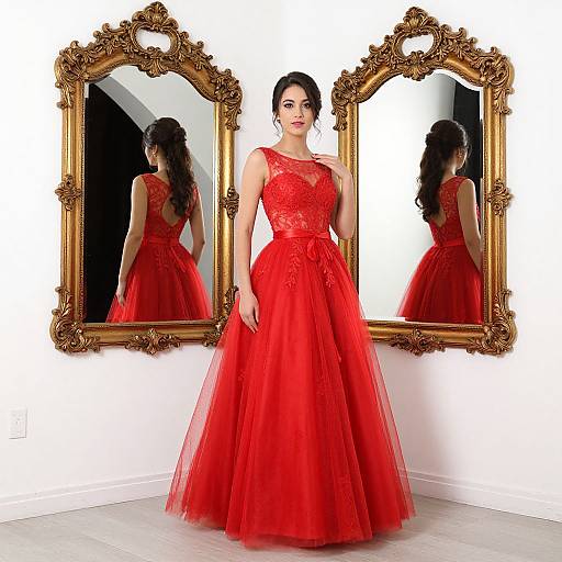 Elegant Woman in Red Lace Prom Dress