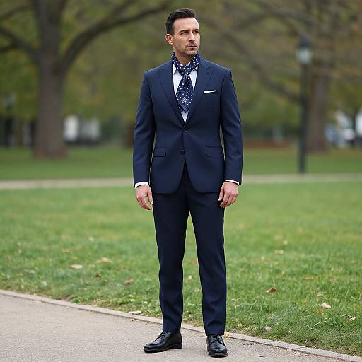 Photograph of a handsome, dark-haired man in a navy suit, patterned tie, standing on a park path with blurred green grass background.