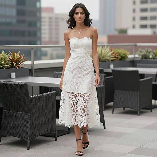 Photograph of a woman with dark hair, wearing a strapless, white lace midi dress and black sandals, standing on a rooftop terrace with modern furniture