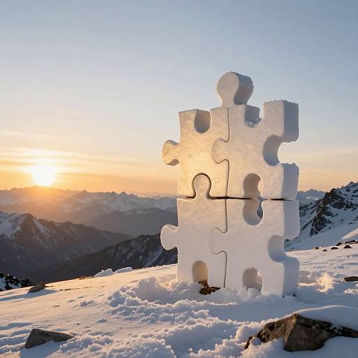 Photograph of a snow-covered jigsaw puzzle piece set against a mountainous sunset, with sunlight casting warm hues on the snowy peaks.