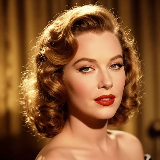 Photograph of a fair-skinned woman with vintage, wavy blonde hair, bold red lipstick, and dramatic eyeliner, against a warm, golden
