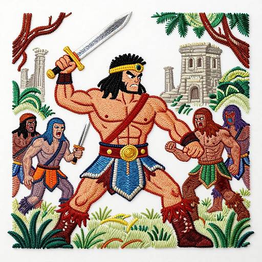 1970s Cartoon Barbarian Battle Motif