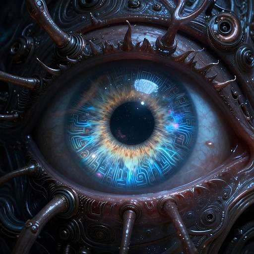 Close-up digital artwork of a glowing blue and yellow robotic eye surrounded by metallic, mechanical gears and tubes, creating a futuristic, cybernetic appearance.
