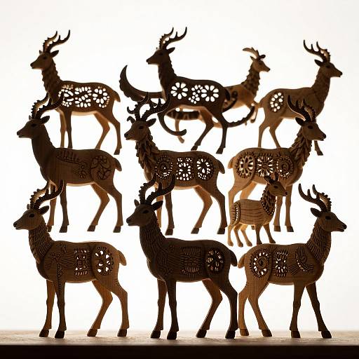 Silhouette photograph of intricately cut, brown deer figurines with detailed white cutouts, standing in various poses against a white background.
