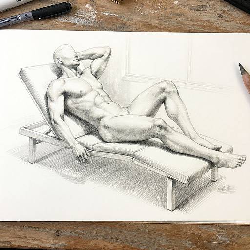 Monochrome pencil sketch of a muscular, nude man reclining on a simple chair, showcasing detailed shading and anatomical precision.