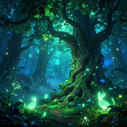 Digital art of a glowing, enchanted forest with large, twisted trees, vibrant green fireflies, and luminescent blue light filtering through dense foliage.