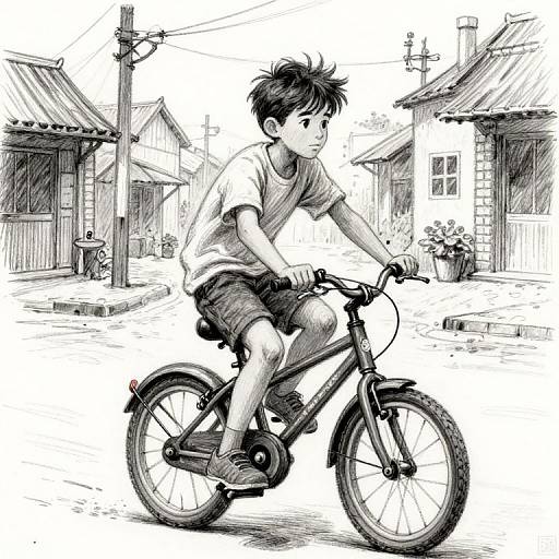 Black and white manga-style drawing of a young boy with spiky hair riding a bicycle down a quiet, rural street.