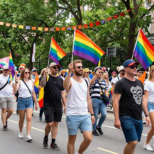 Photograph of diverse LGBTQ+ pride parade participants walking on street, holding rainbow flags, wearing casual attire, under string flags and trees.