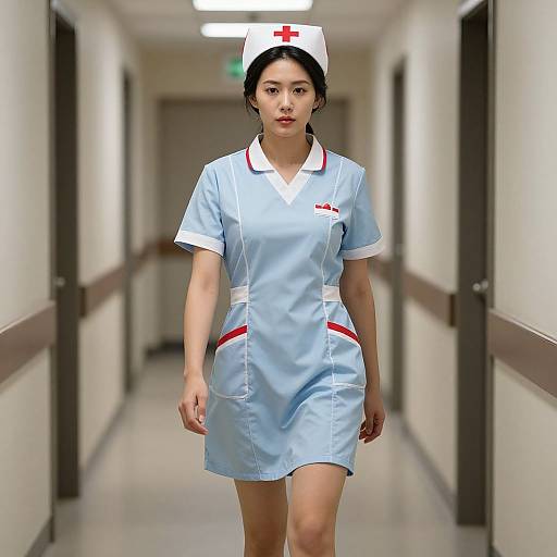 Photograph of an Asian woman in a light blue nurse uniform with white trim, red accents, and a white nurse cap, walking down a brightly lit