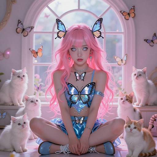 Enchanting Girl with Kittens and Butterflies