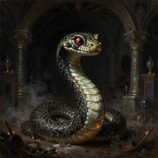 Digital painting of a luminous, red-eyed snake with metallic scales, coiled in a dimly lit, ornate, ancient temple with smoke and