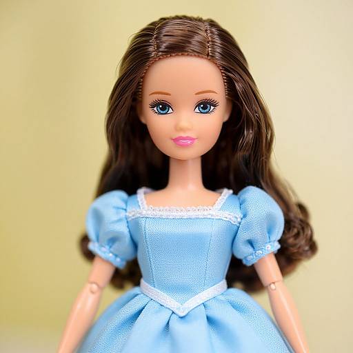 Photograph of a Barbie doll with long brown hair, blue eyes, and wearing a light blue, puffy-sleeved, textured dress. Background