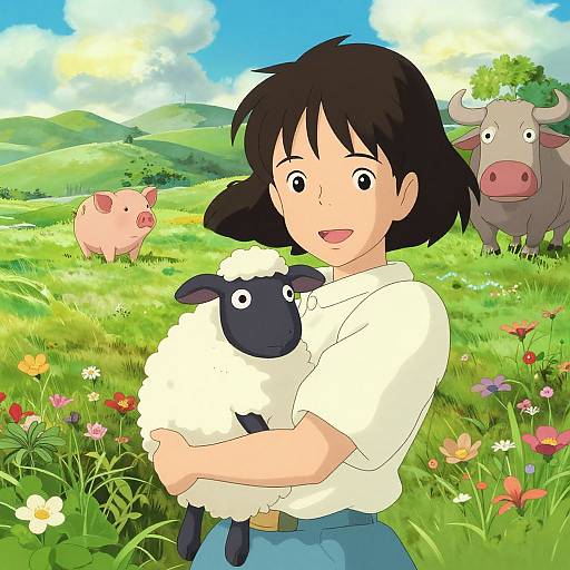 Anime-style drawing of a smiling girl with black hair, holding a black and white sheep, surrounded by colorful flowers and farm animals in a vibrant, sunny