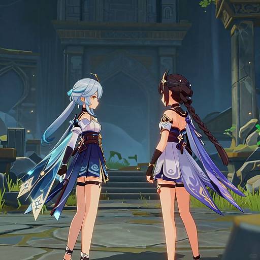 Digital art of two anime-style female characters with long hair, blue and black outfits, standing in a ruined, blue-lit temple.