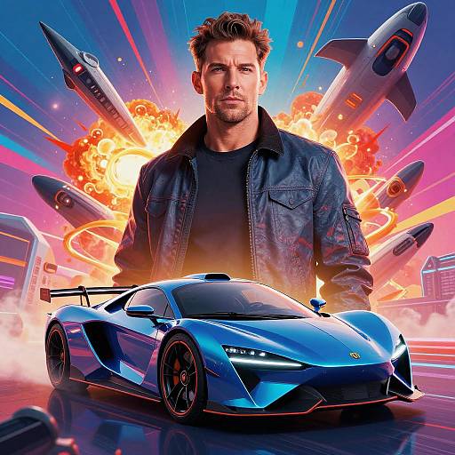 Photographic-style digital artwork: Muscular man in black leather jacket, blue sports car, explosive background with flying missiles and bright colors.