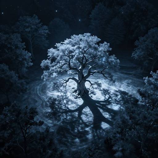Photograph of a glowing, blue-lit tree with intricate branches and ethereal light, casting shadows in a dark, starry night forest.