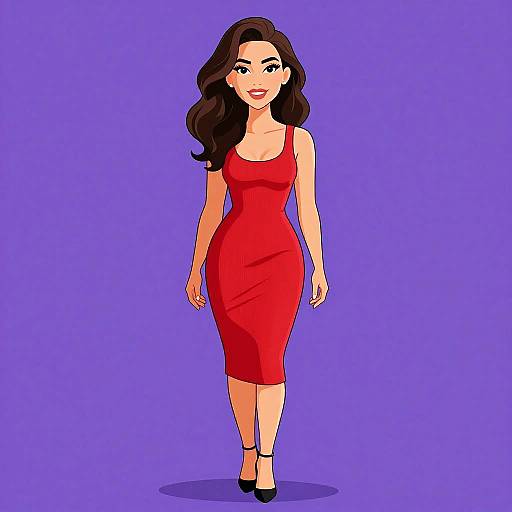 Digital illustration of a smiling woman with long brown hair, wearing a form-fitting red dress and black heels, standing against a solid purple background.